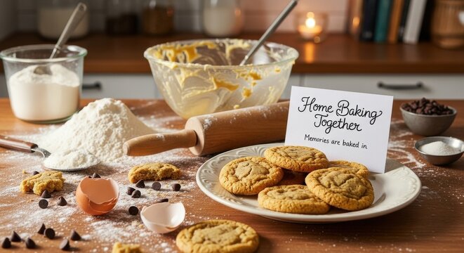 Family enjoying baking cookies on kitchen table with ingredients