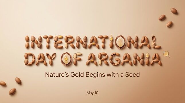 International day of argania celebration with argan nuts forming text and slogan on beige background