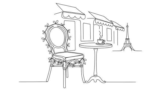 Parisian cafe sketch with Eiffel Tower view, outdoor seating, elegant chair, coffee cup