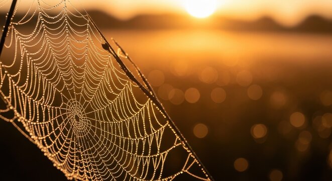Golden sunrise shines on intricate spider web in dew-kissed field landscape