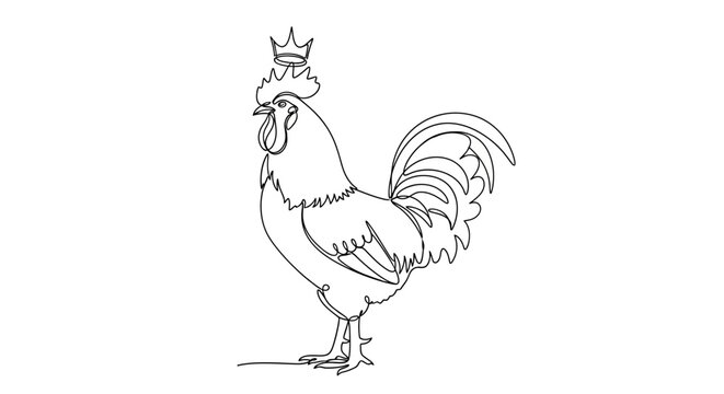 Single Line Drawing of a Majestic Rooster Wearing a Crown, Minimalist Farm Animal Art