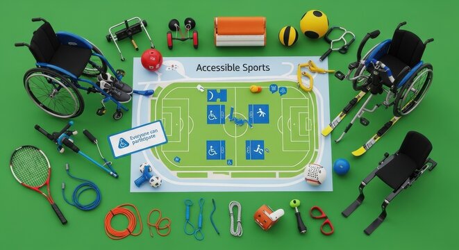 Accessible sports equipment arranged on green surface with wheelchairs and various gear