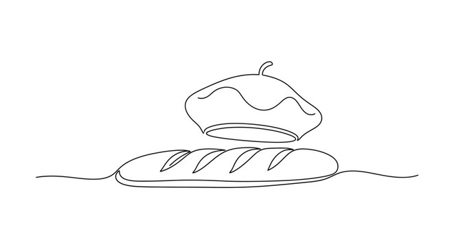 Minimalist continuous line drawing of French baguette and beret hat, minimalist concept