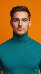 Fototapeta premium young man in teal turtleneck sweater against bold orange background portrait