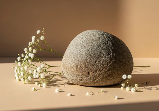 A smooth grey stone placed on a beige surface decorated with delicate white babys breath flowers