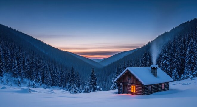 A cozy cabin emits warm light in a snowy mountain landscape at dusk surrounded by trees and hills