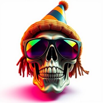 Grinning skull with oversized sunglasses and a party hat, illustration, surreal