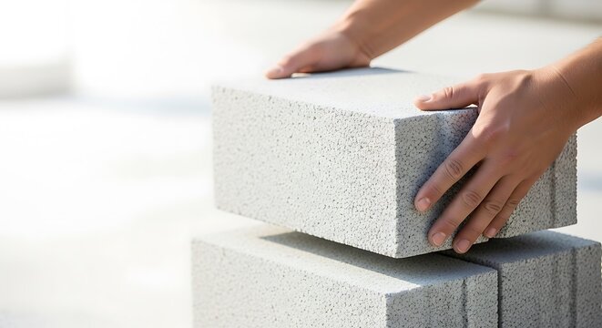 Close-up of worker hands lifting a lightweight autoclaved aerated concrete block
