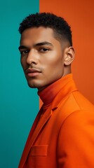 Obraz premium young confident man in orange turtleneck against teal background professional portrait