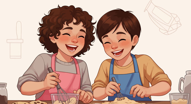 Two joyful children in aprons happily baking together, sharing a moment of laughter and culinary fun.