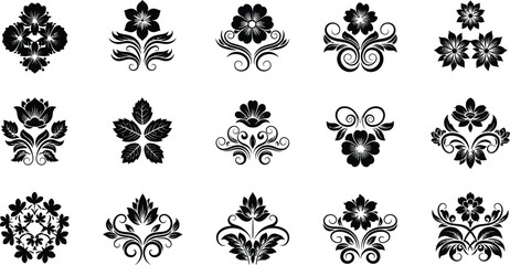 Black floral 13 ornate swirling patterns, and flower motifs on white background, flowers © Graphic Shops