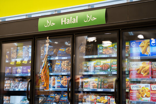 View of halal frozen food section in supermarket refrigerator aisle. Toronto, Canada - April 29, 2026.