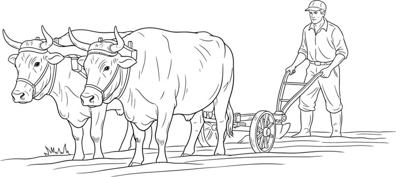 Line of a farmer plowing with two oxen line farmer agriculture farming