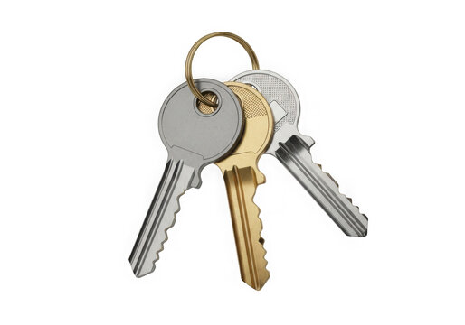 Three silver and gold keys on a keyring isolated on transparent background