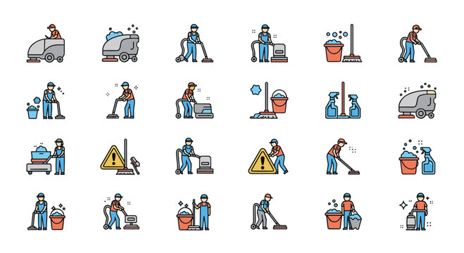 Comprehensive collection of cleaning service icons showing various professionals using mops, buckets, and industrial floor scrubbers.