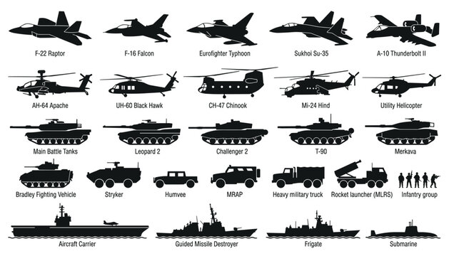 Collection of military aircraft and helicopter silhouettes on transparent background vector illustration.