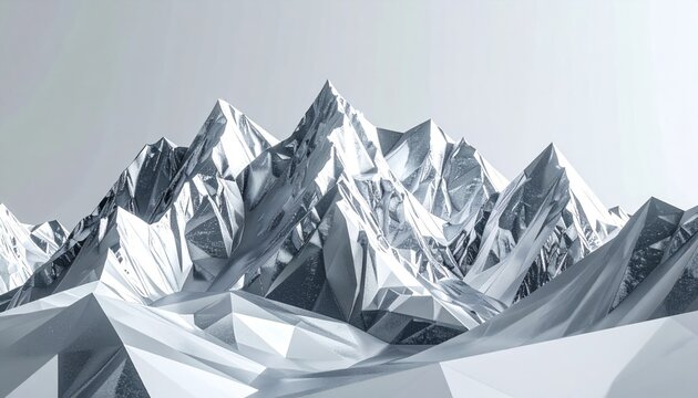 Low poly mountain range with snow peaks against a light background.