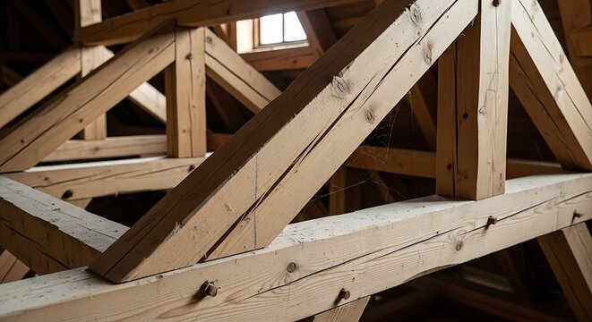 Interior View of Wooden Roof Trusses and Timber Framing in an Attic