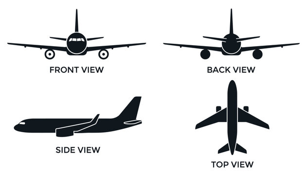 Airplane views set side front back top view on transparent background vector.