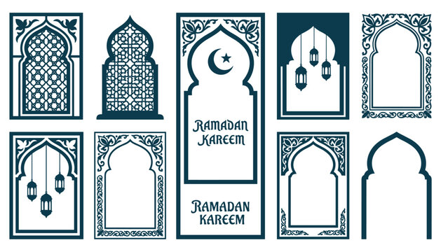 Islamic geometric window frames with arabic calligraphy for ramadan kareem transparent vector art.