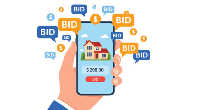 Hand holding a smartphone displaying real estate bidding notifications and price information for buying a new home online.