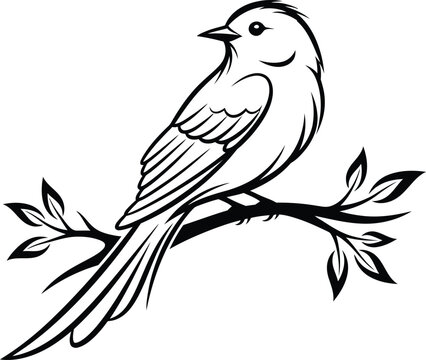Black and white of a bird perched on a branch with leaves bird on branch tree branch