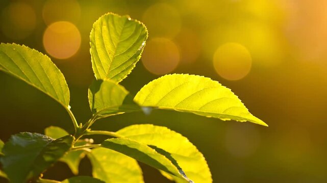 Close up of vibrant green leaves backlit by warm golden hour sunlight, showing leaf veins and textures against a soft orange bokeh background in a garden or park at sunset or sunrise.