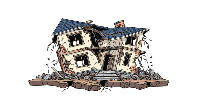 Devastating scene of a two-story residential house destroyed by a powerful earthquake with large cracks in the ground and debris.