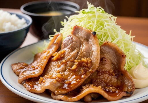 千切りキャベツを添えて甘辛いタレで香ばしく焼かれた豚の生姜焼き