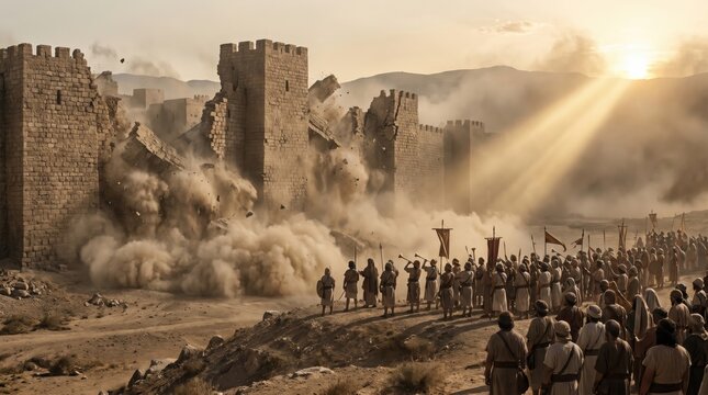 Ancient City Walls Collapsing During a Historic Siege with Soldiers.