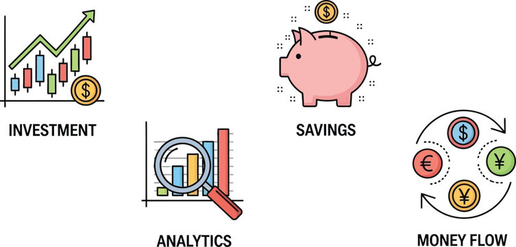 Financial including investment graph, piggy bank, analytics chart, and money flow symbols finance savings