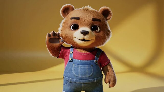 Cute animated teddy bear waving hand in red shirt and denim overalls on yellow background