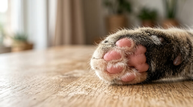 Close-up macro of soft cat paw with visible pink toe beans resting on a light wooden surface