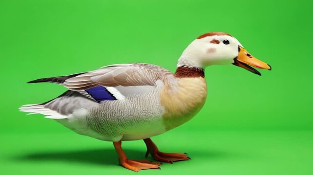 Duck decoy on green background, hunting lure, waterfowl model