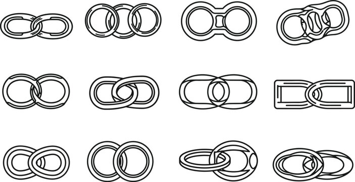 Interlocking ring black outline on white background, interlocking rings chain links interconnected circles