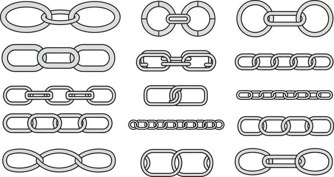 Various chain link black outlines on white background, chain links metal chain black and white