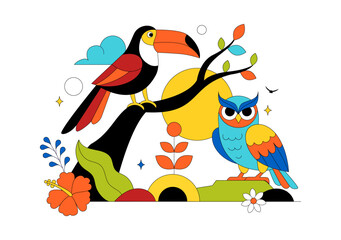 Obraz premium Colorful Tropical Bird Vector Illustration Featuring Exotic Wildlife Perched on Branches in a Natural Scene with Flat Design Style