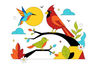 Obraz premium Colorful Tropical Bird Vector Illustration Featuring Exotic Wildlife Perched on Branches in a Natural Scene with Flat Design Style