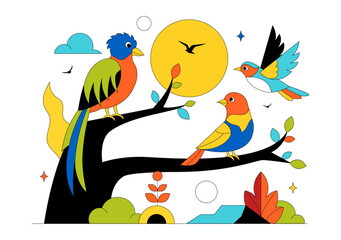 Obraz premium Colorful Tropical Bird Vector Illustration Featuring Exotic Wildlife Perched on Branches in a Natural Scene with Flat Design Style