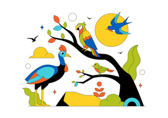 Obraz premium Colorful Tropical Bird Vector Illustration Featuring Exotic Wildlife Perched on Branches in a Natural Scene with Flat Design Style