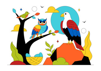 Obraz premium Colorful Tropical Bird Vector Illustration Featuring Exotic Wildlife Perched on Branches in a Natural Scene with Flat Design Style