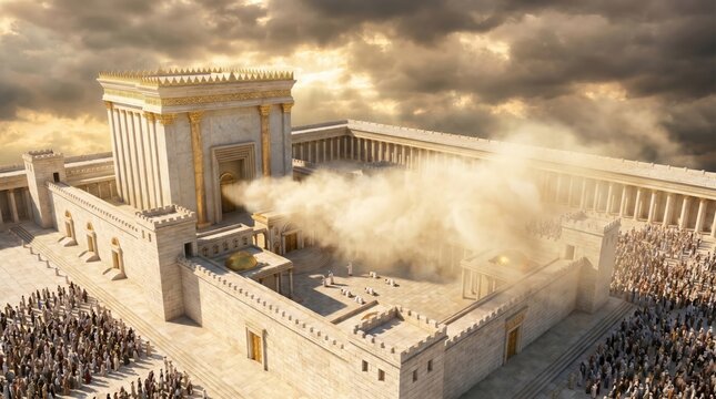Ancient Temple with Smoke Rising Under a Dramatic Sky.