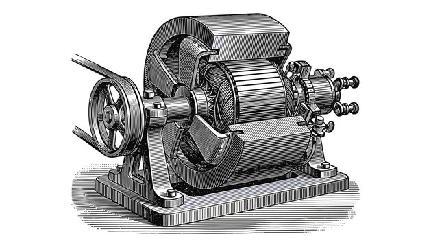 Vintage generator machine cross-section illustration with intricate details on transparent vector background.