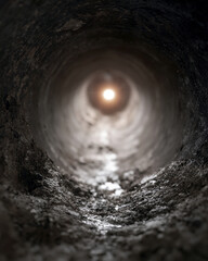 Fototapeta premium Dark tunnel leads to bright light at the end. Wet, gritty walls show signs of use and age. Light casts a warm glow against damp surfaces. This image evokes mystery and journey through confined spaces