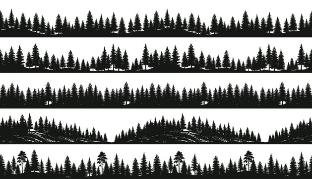 Seamless vector forest silhouette borders on transparent background endless nature landscape design elements.