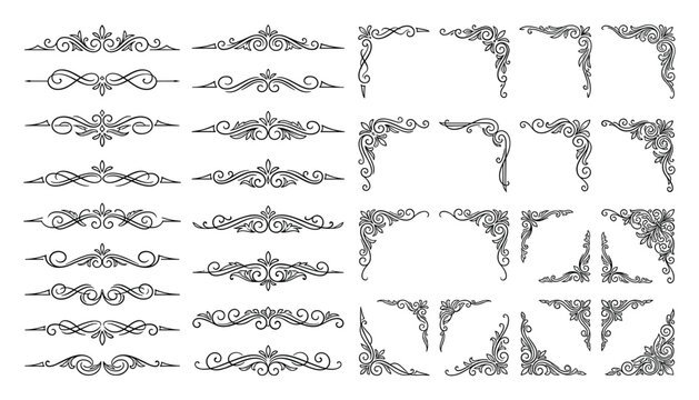 Elegant vintage decorative flourish ornaments and corner elements collection vector set on transparent background.