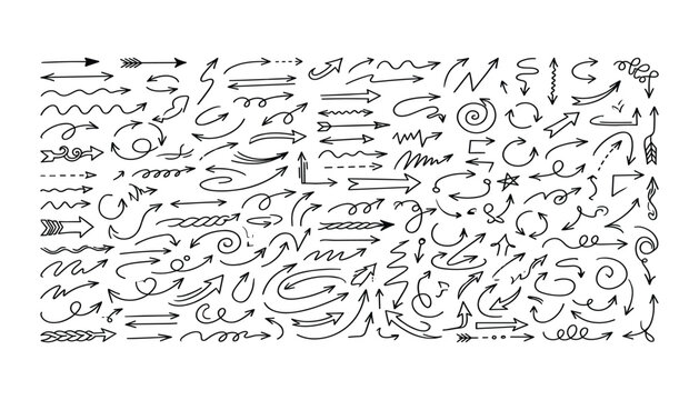 Large collection of diverse hand drawn arrow doodles on transparent background vector.