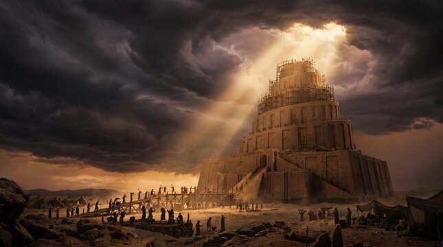 Dramatic Biblical Scene of the Tower of Babel with Divine Light and Dark Clouds.