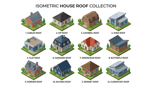 Isometric house roof collection vector set architectural design elements illustration.