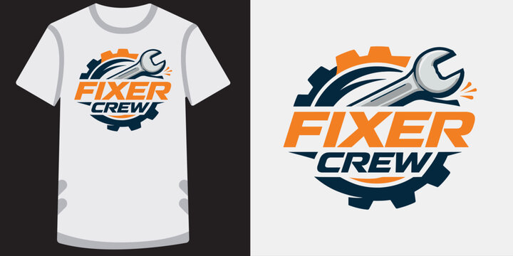 Fixer crew badge featuring wrench and mechanical gear for professional technical services.